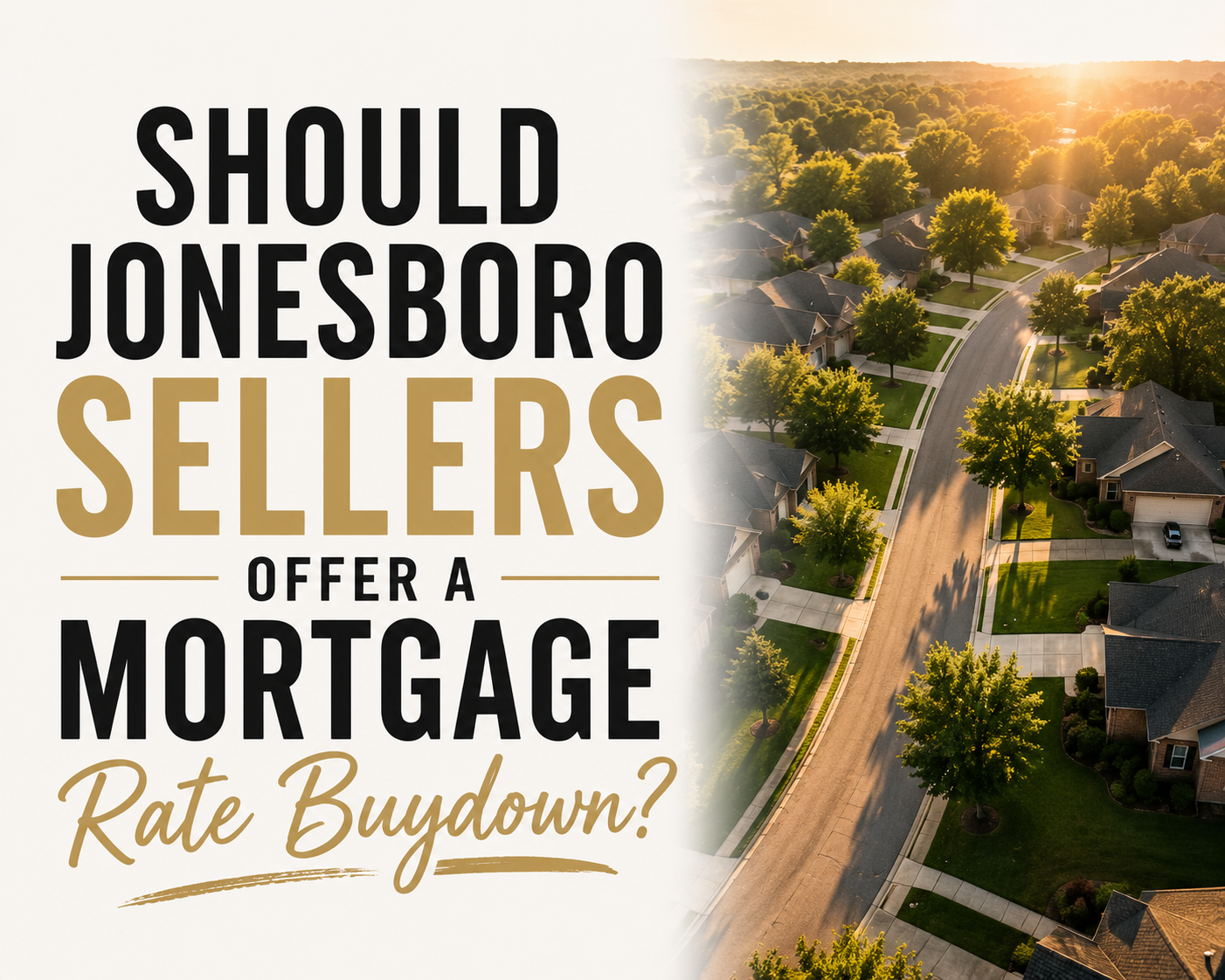 Aerial view of a Jonesboro, Arkansas neighborhood street at golden hour, representing the local housing market.