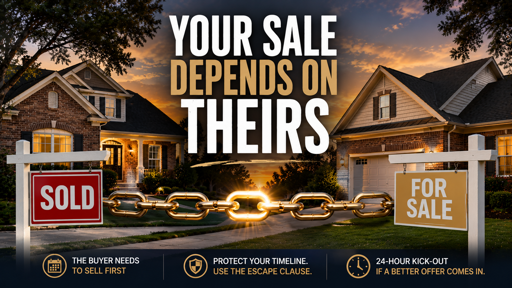 Real estate yard sign with a gold contingency rider in front of a Jonesboro brick ranch home at golden hour
