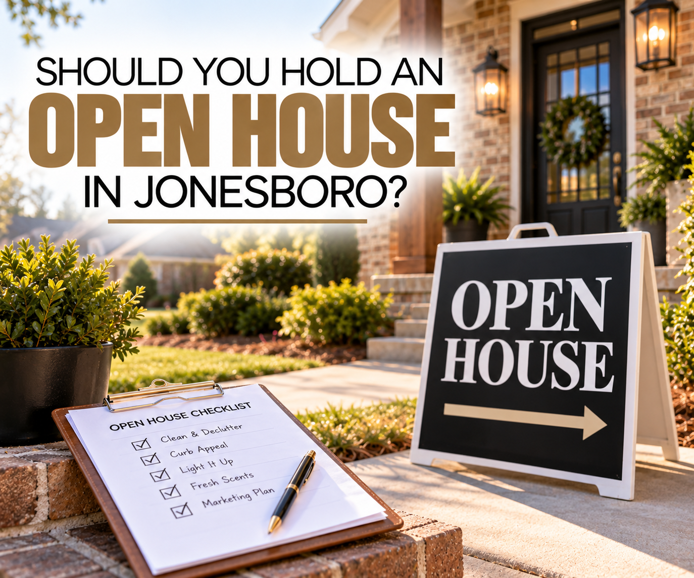 Blank open house sign and clipboard with a pen on the front walkway of a Northeast Arkansas brick home in afternoon light
