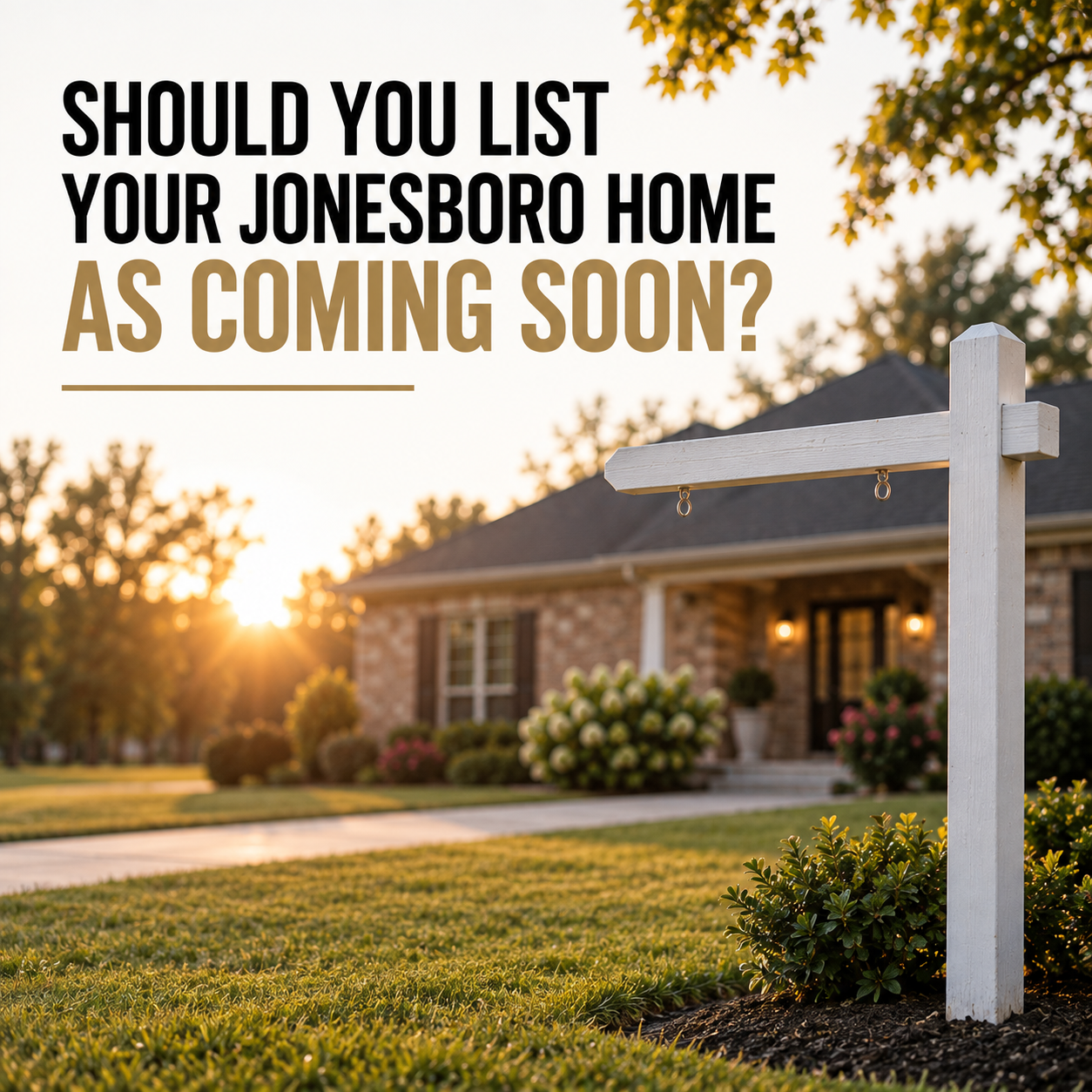 An empty real estate yard sign post with no sign panel hung yet, standing in a front lawn at golden hour with a home blurred in the background.