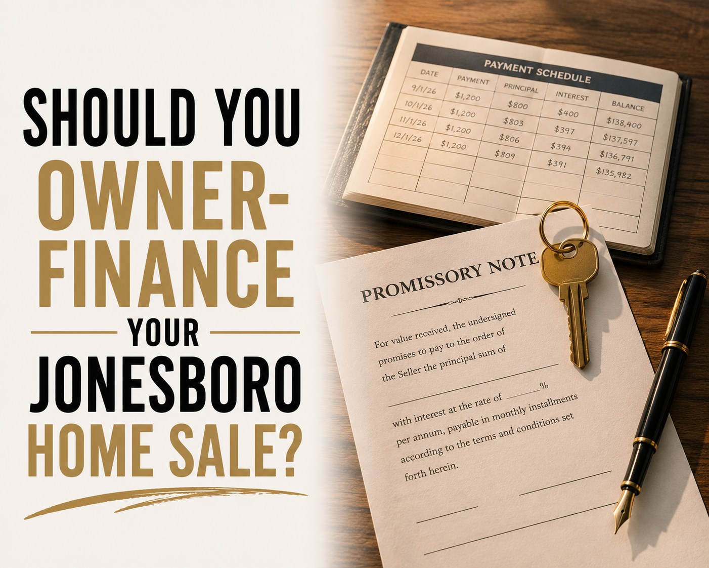 A house key and a folded promissory note on a wooden desk beside an open payment ledger and a fountain pen.