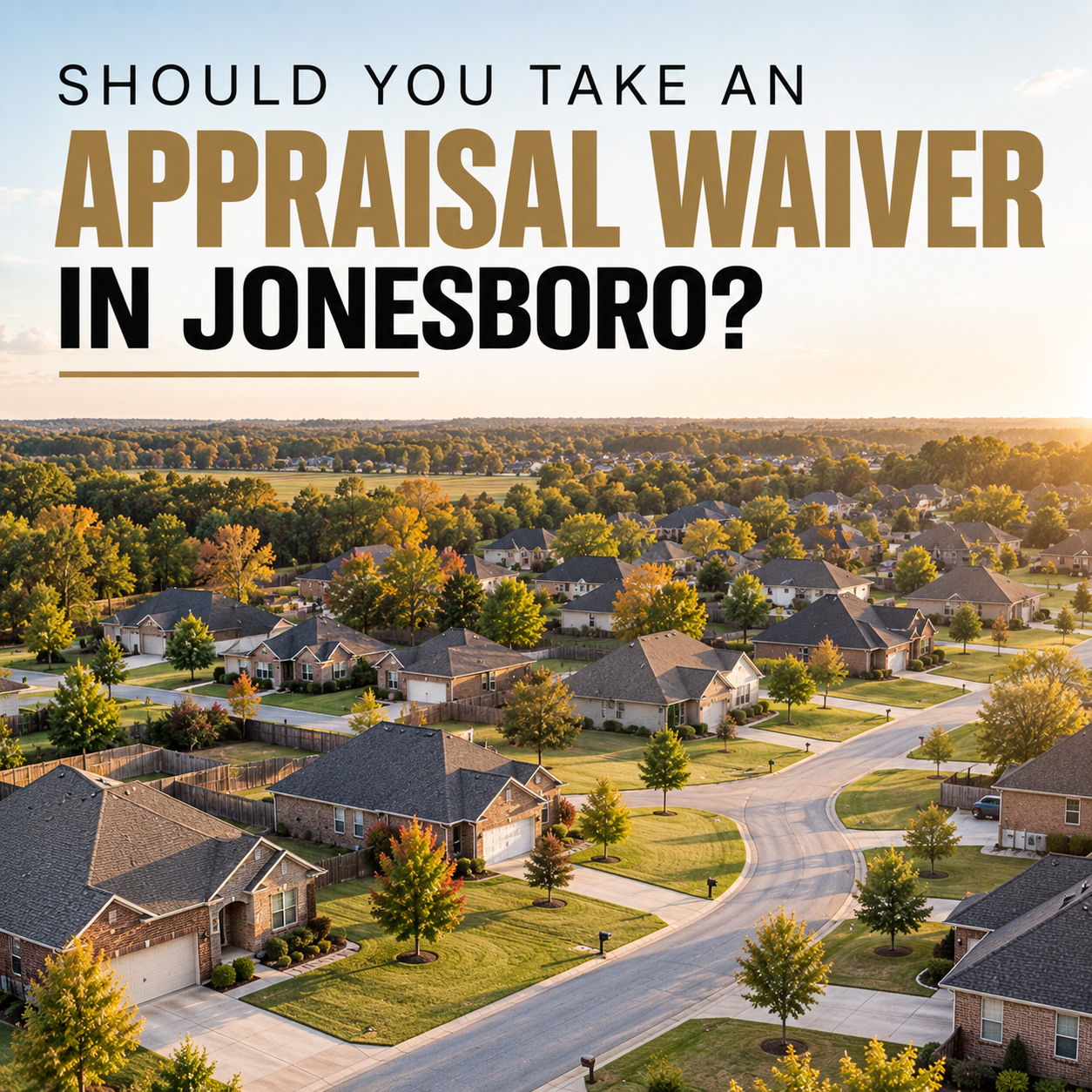 Aerial view of an established Northeast Arkansas subdivision showing rows of similar single-family homes along a curving street in early autumn light.