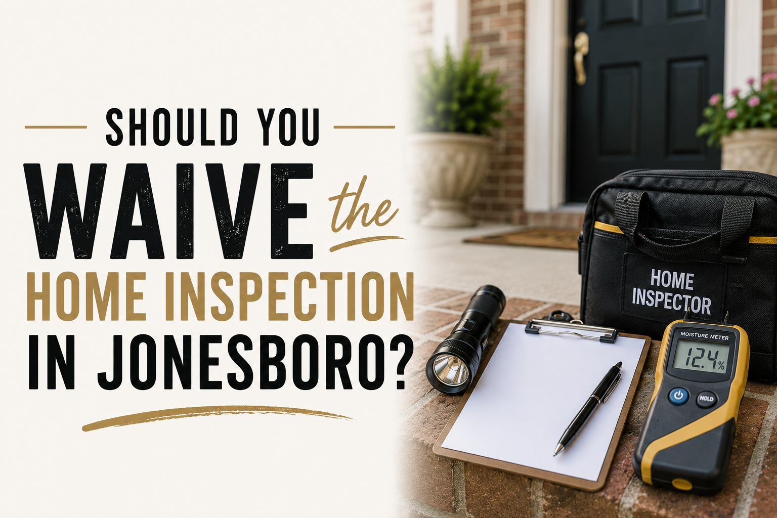 A home inspector's tools, including a flashlight, clipboard, and moisture meter, resting on the front porch steps of a brick home in Jonesboro, Arkansas