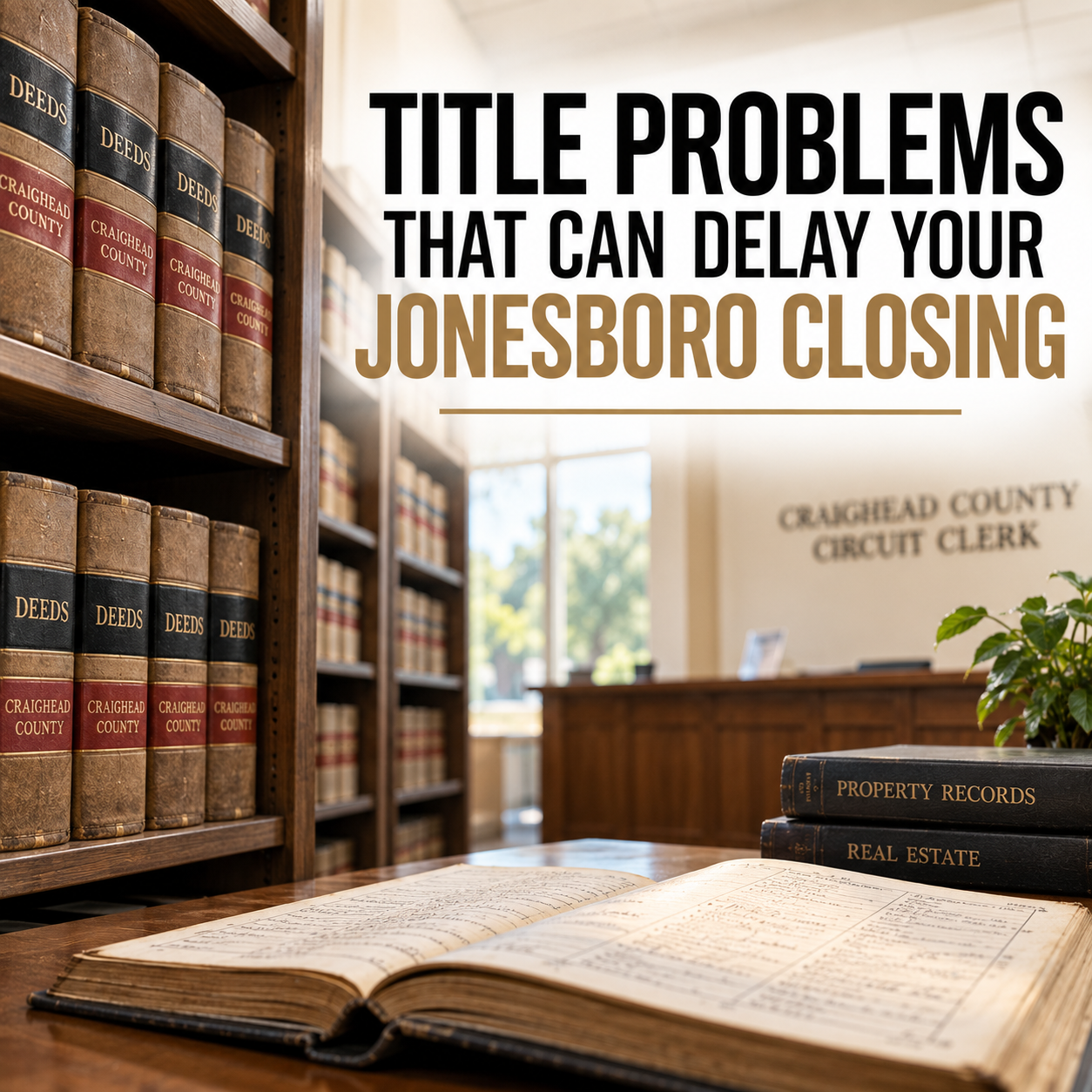 A county courthouse records room with tall shelves of aged bound deed books and one open volume on a table in warm afternoon light.