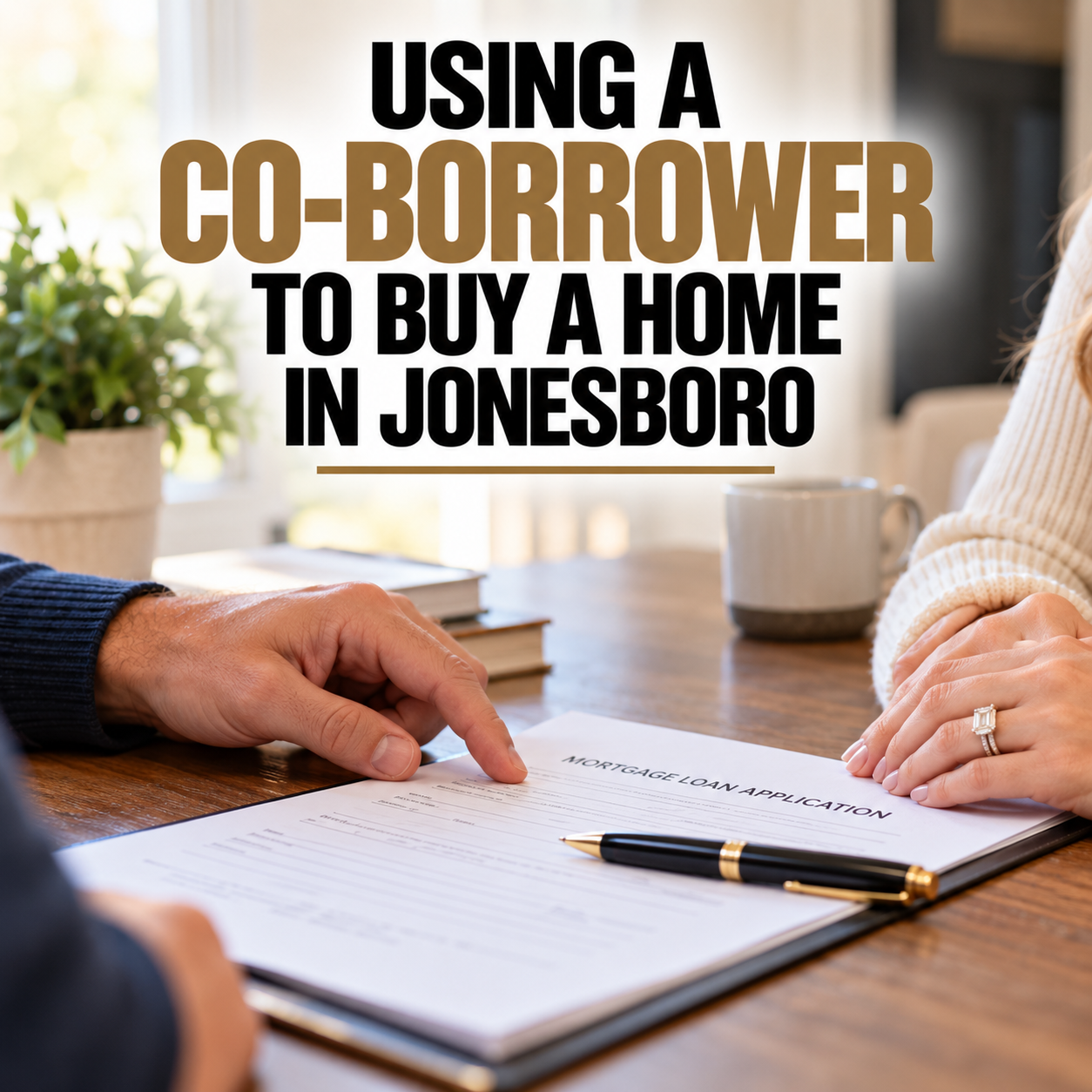 Two people's hands reaching toward a mortgage loan application and pen on a desk, representing a co-borrower signing a home loan