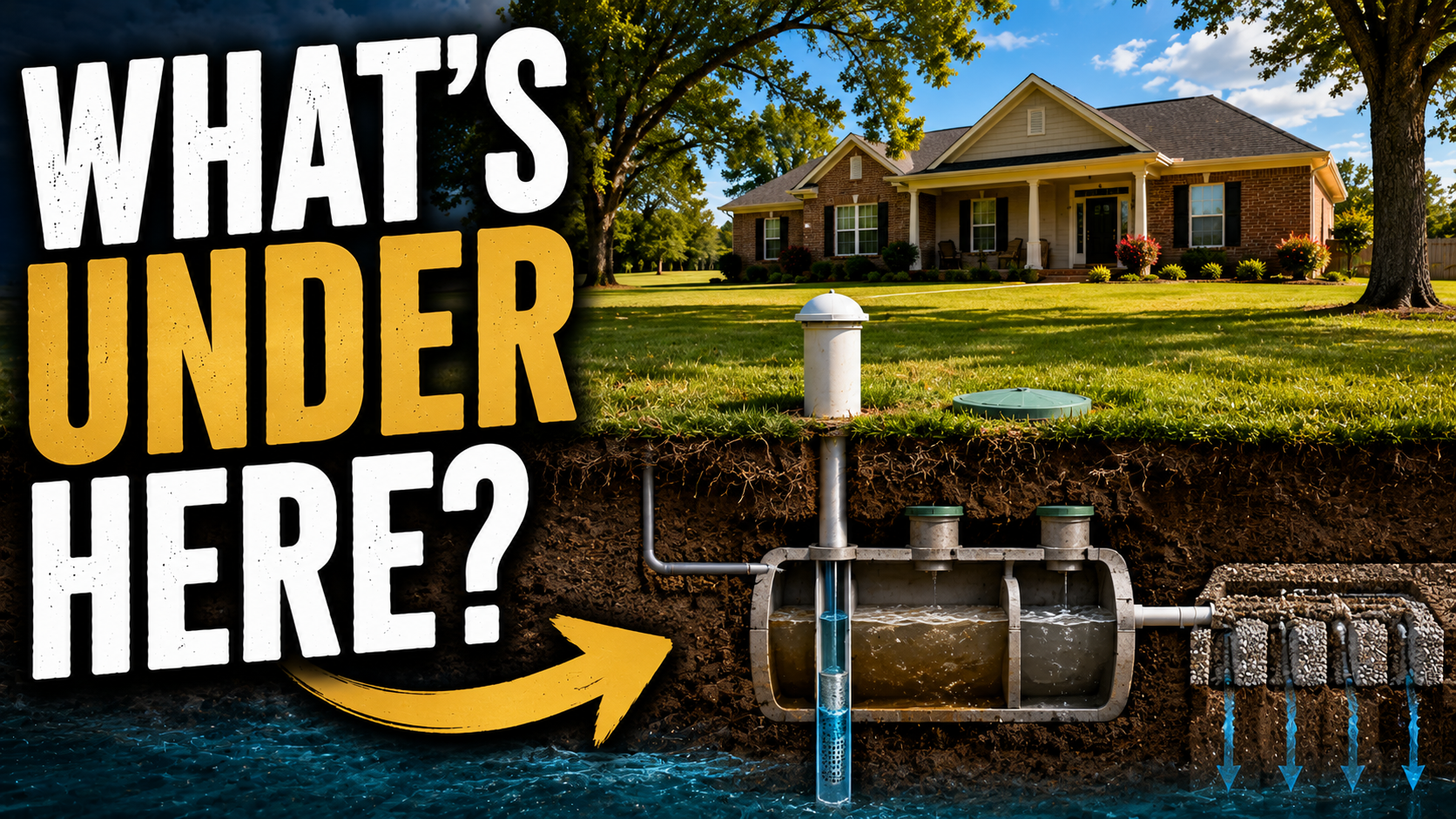 A capped private well head and septic access lid in the front lawn of a rural Northeast Arkansas home on a sunny morning.