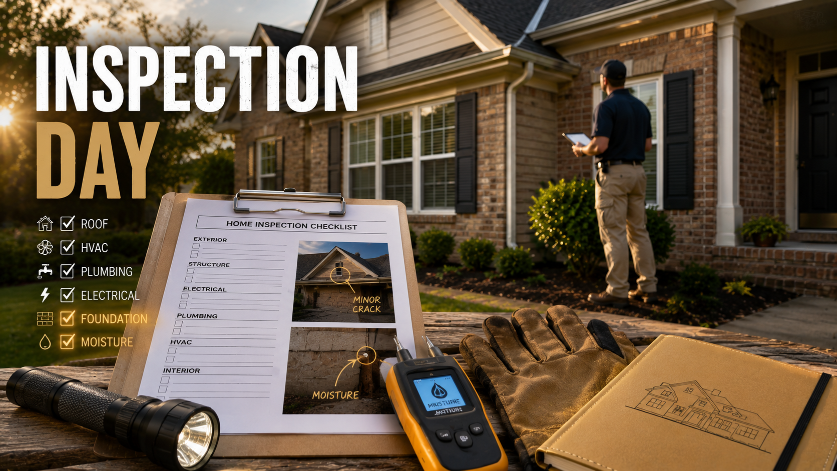 Inspector's clipboard, flashlight, and moisture meter on a wooden surface with a Jonesboro home exterior in the background