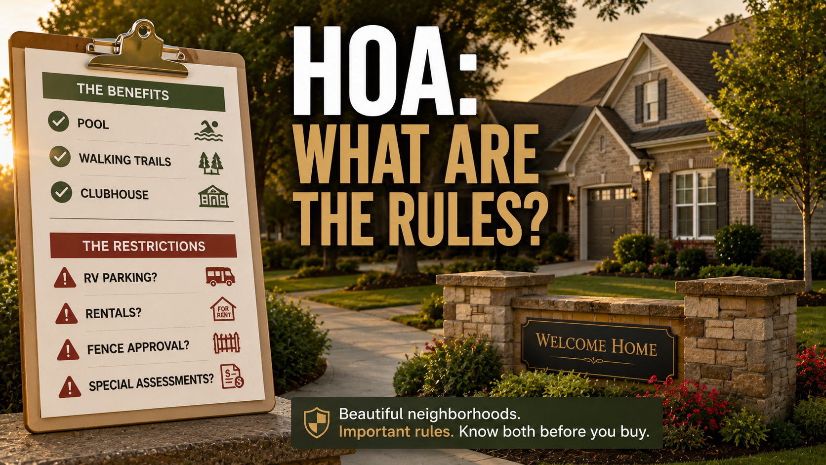 Stack of HOA community rules and regulations documents on a table with a pen and small house model, representing what Jonesboro buyers should review before closing on an HOA home.