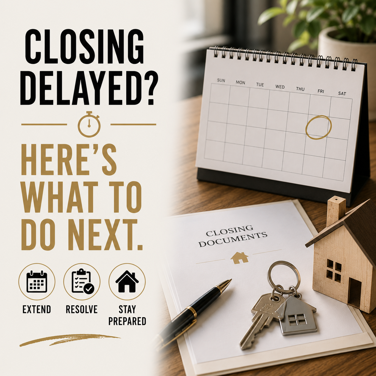 A blank desk calendar, closing documents, a pen, and a house key arranged on a wood conference table