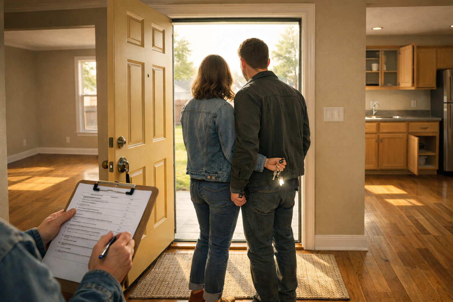 Home buyers standing in the doorway of a Jonesboro home during a final walkthrough, one holding a checklist and the other holding keys, morning light inside the empty home