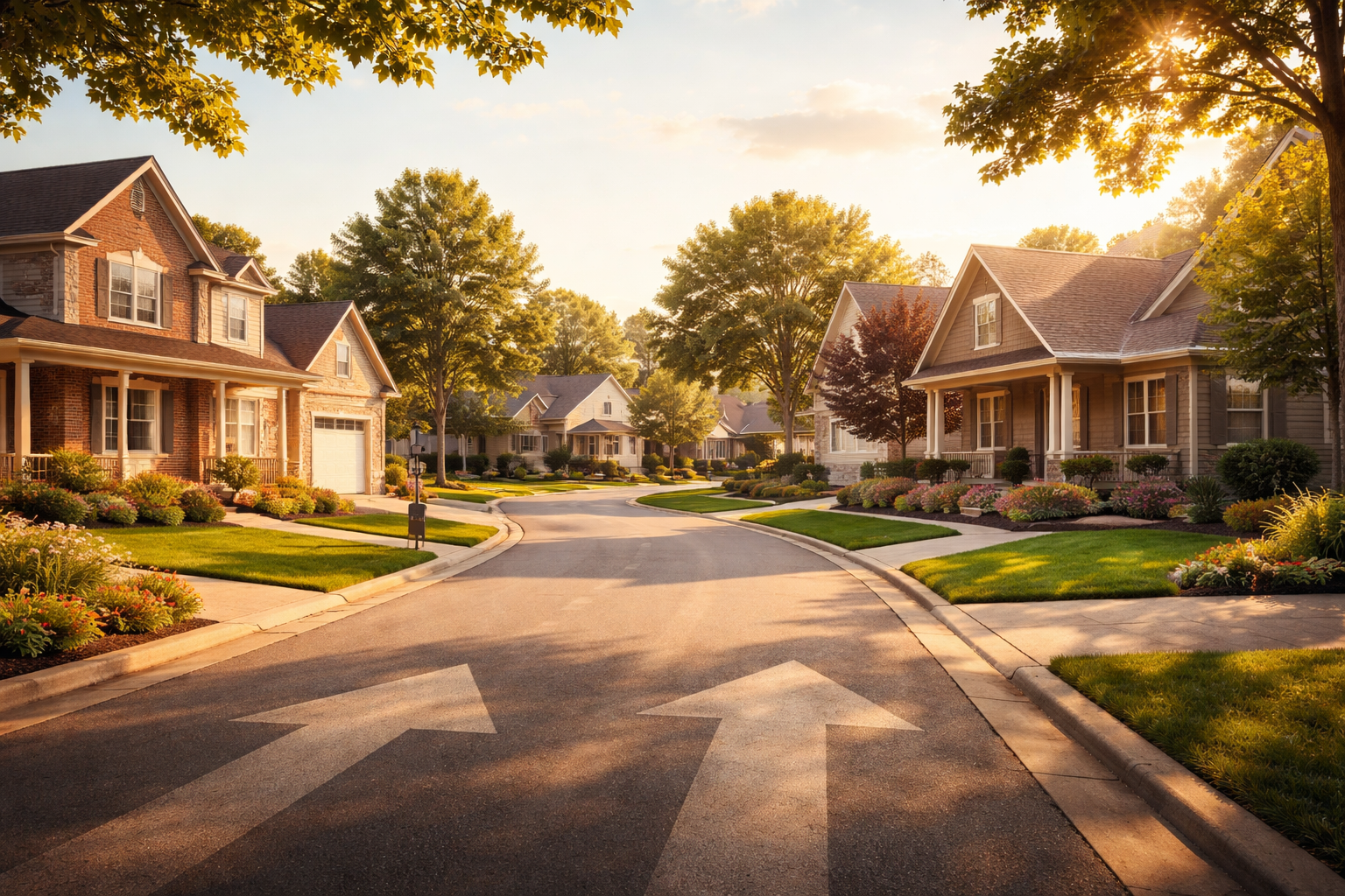 Affordability lock-in in Northeast Arkansas &mdash; suburban street with homes and greenery.
