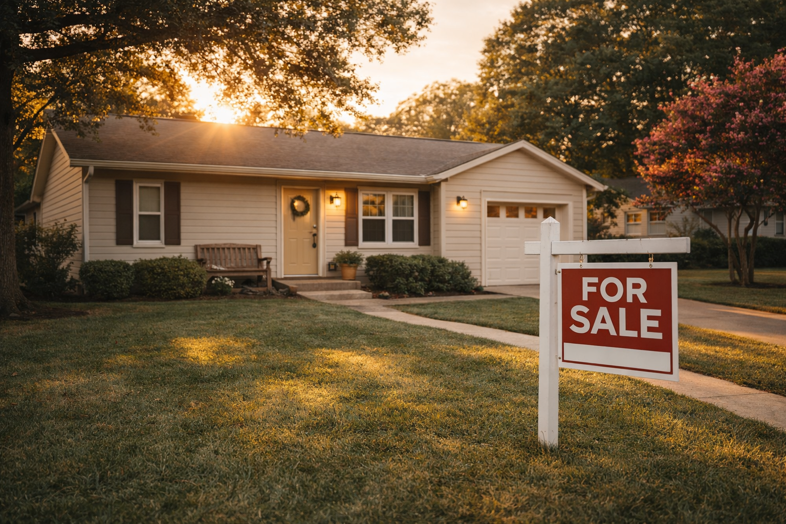 Quiet Jonesboro home with a for sale sign in the front yard at golden hour, representing a listing waiting for showings to begin