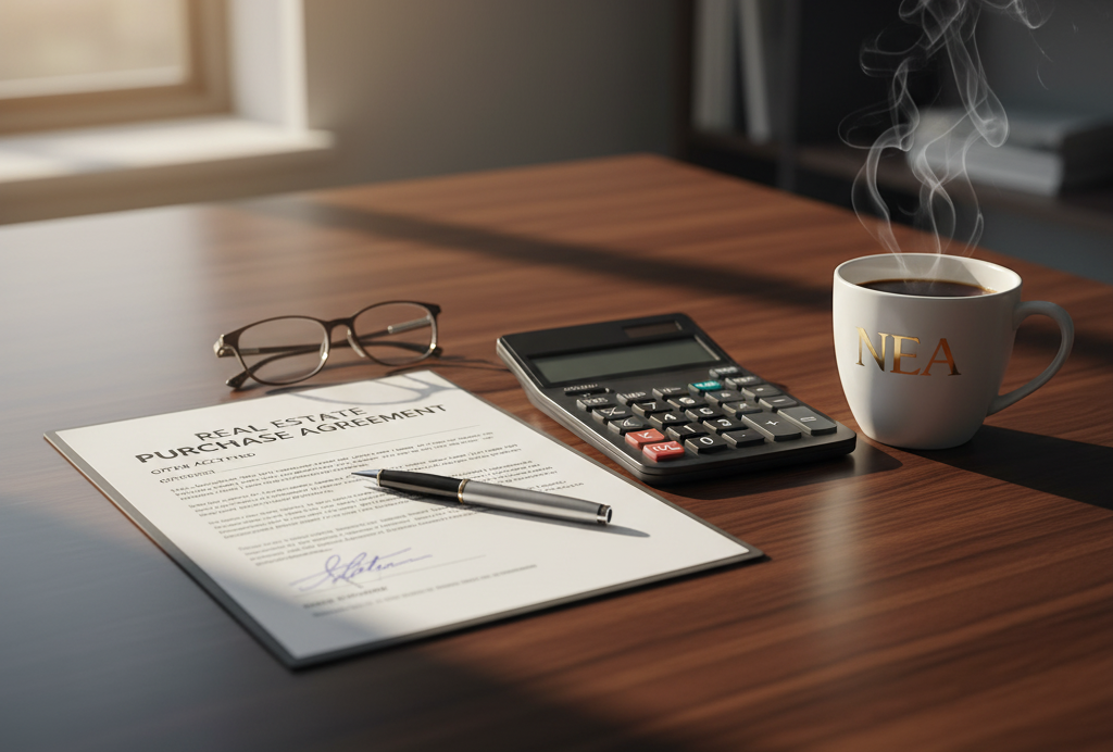 Contract, calculator, and key set used in home sale negotiations in Jonesboro, Arkansas