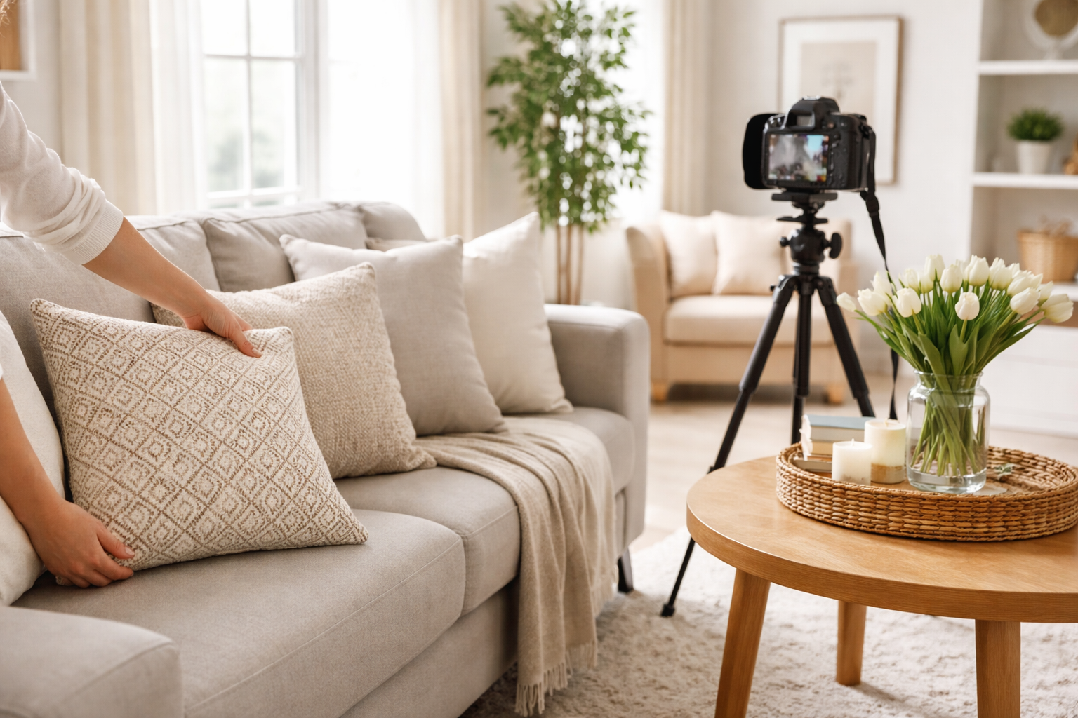 Bright staged living room with natural light and neutral decor prepared for real estate listing photos in Jonesboro Arkansas