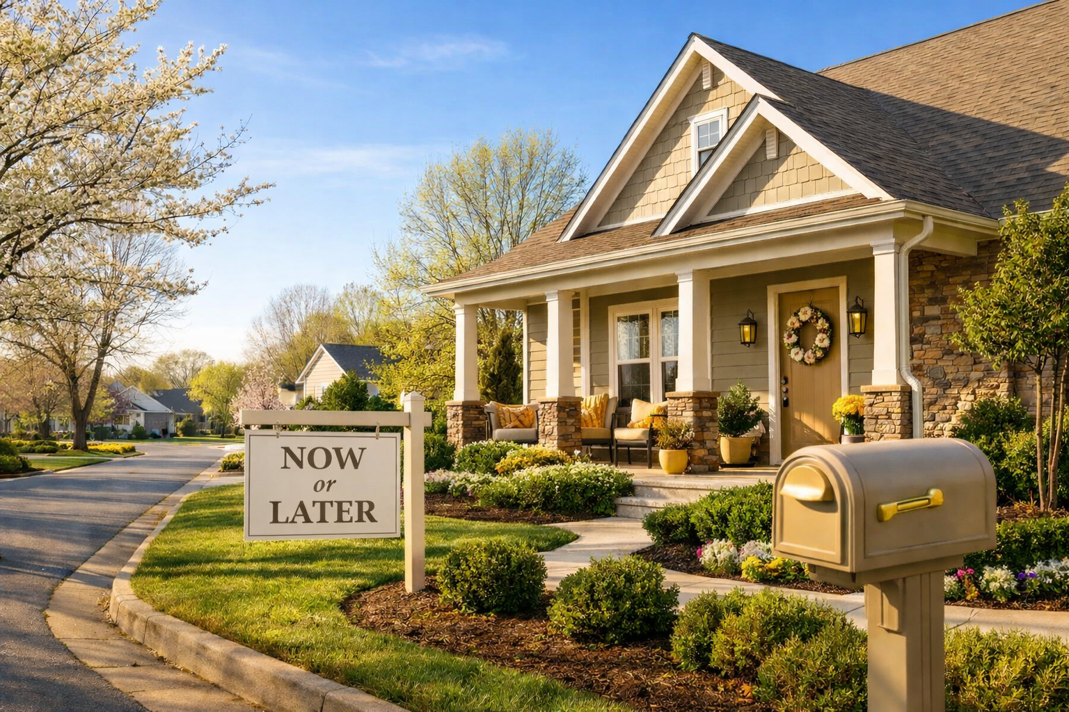 Springtime home exterior in Jonesboro, Arkansas with subtle for-sale sign and warm natural light