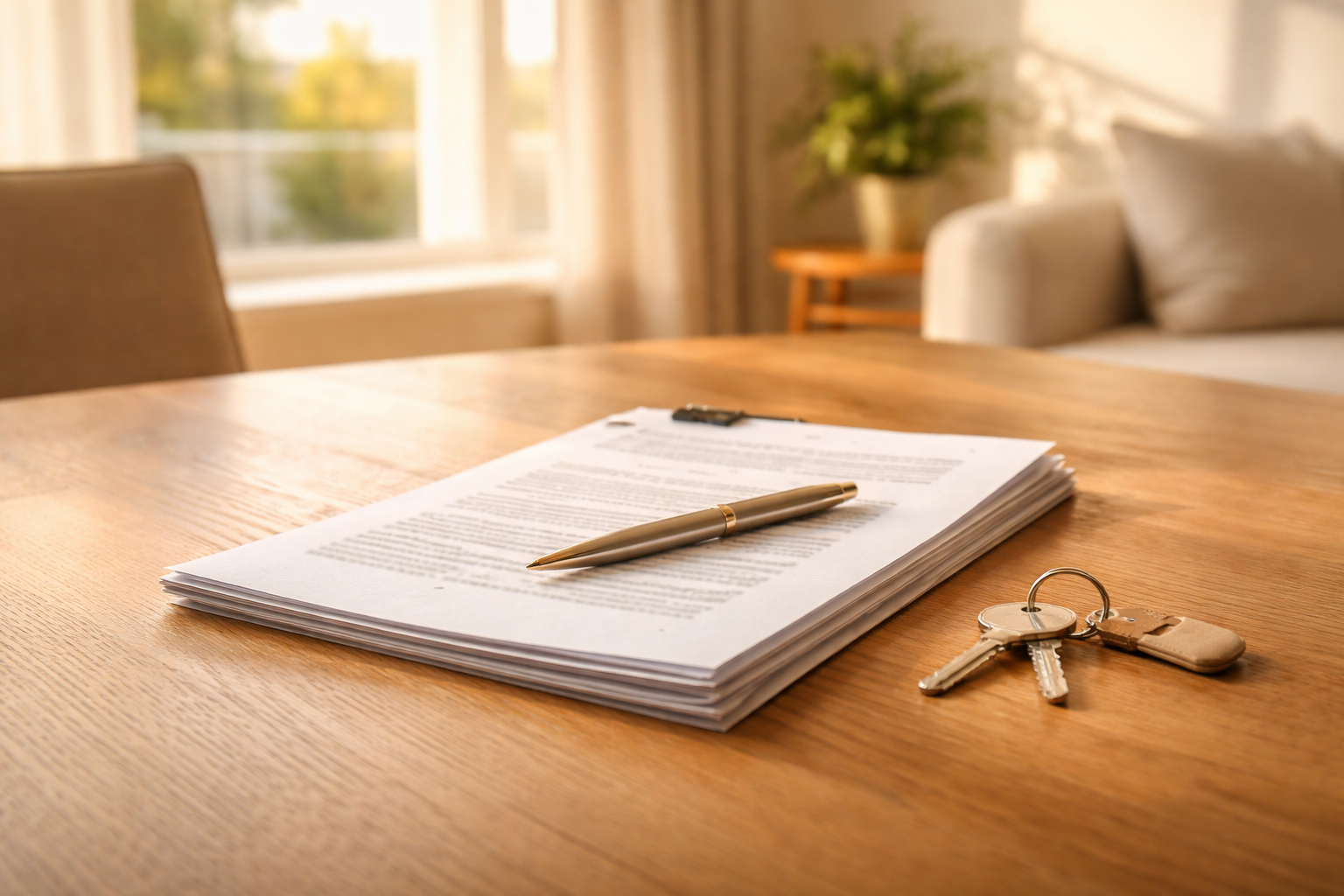 House keys and a stack of real estate closing documents on a wooden table, representing the final steps in buying a home in Jonesboro, Arkansas