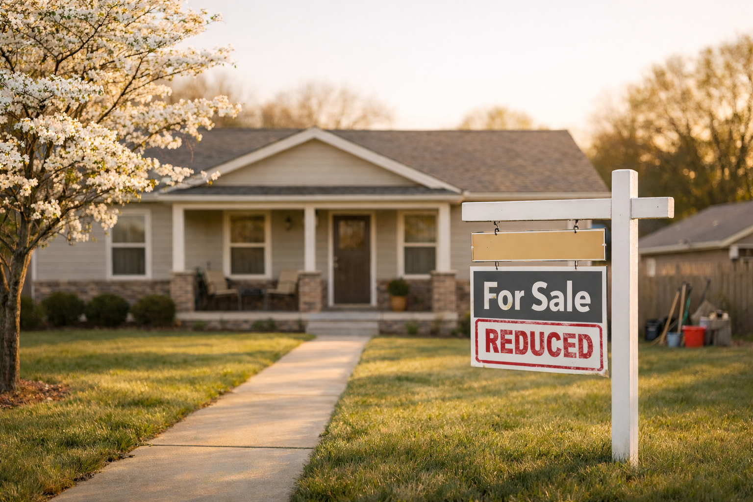 For Sale sign in front of a Jonesboro home at golden hour with a neatly kept lawn and dogwood in early spring bloom
