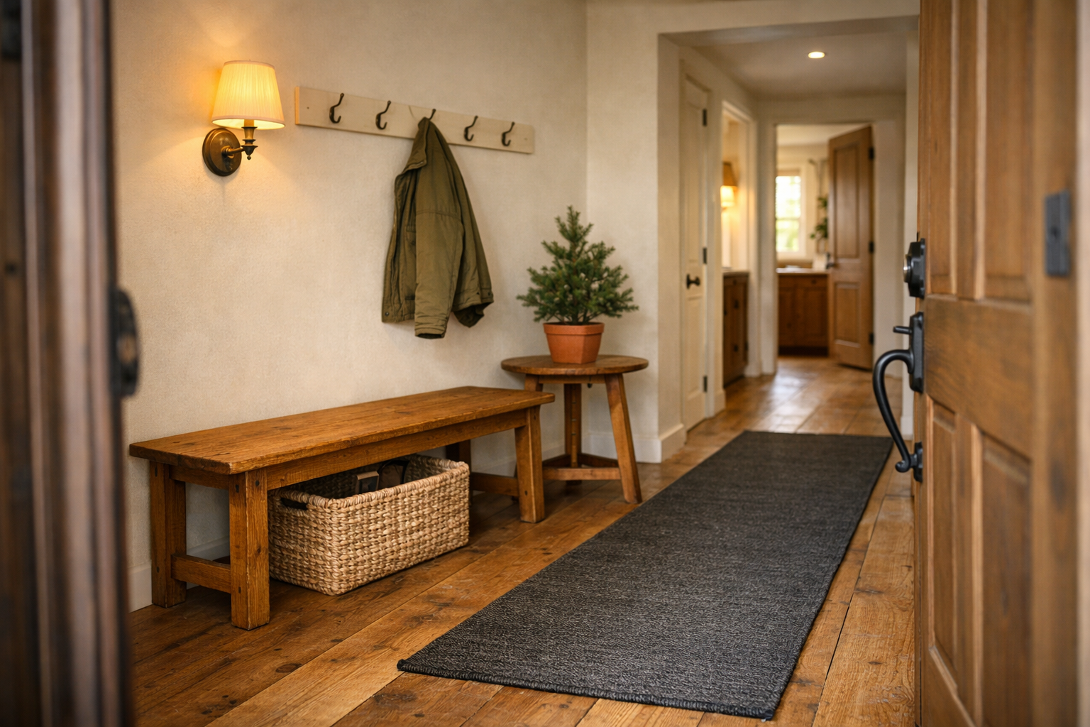 Staged Vermont farmhouse entry with warm lighting, wool runner rug, and clean hook rail &mdash; buyer-ready presentation