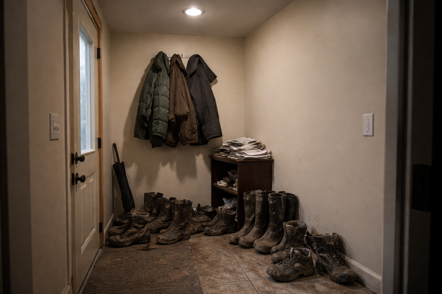 Cluttered Vermont home entry with boot pile, overloaded coat hook, dim lighting, and no focal point &mdash; common staging failure
