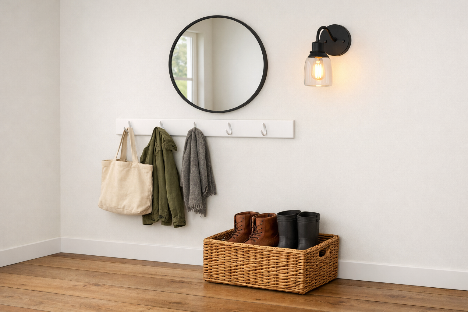 Budget-staged Vermont entry with clean hook rail, woven basket, round mirror, and warm sconce &mdash; affordable and sharp