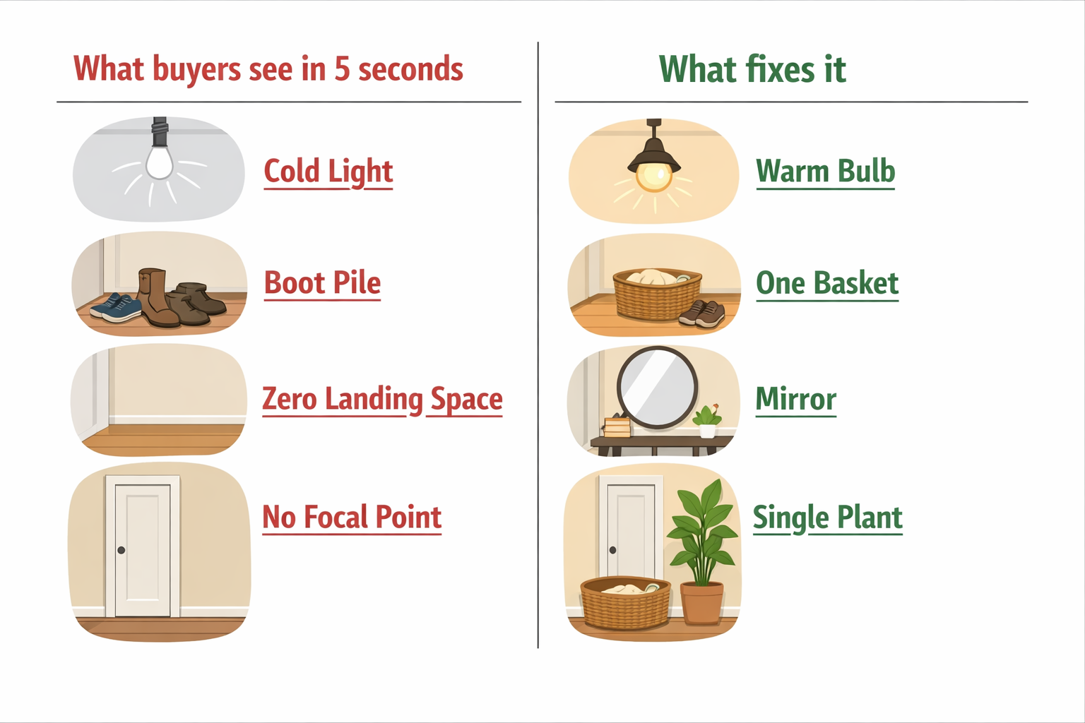 Diagram comparing 4 Vermont entry staging problems vs. 4 fixes: cold light, boot pile, no landing space, no focal point