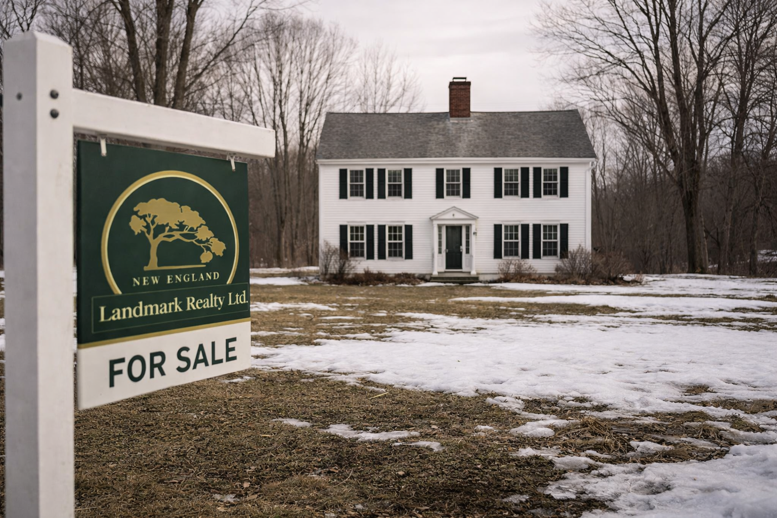 Vermont farmhouse for sale in late winter, for sale sign visible, bare trees and snow on ground