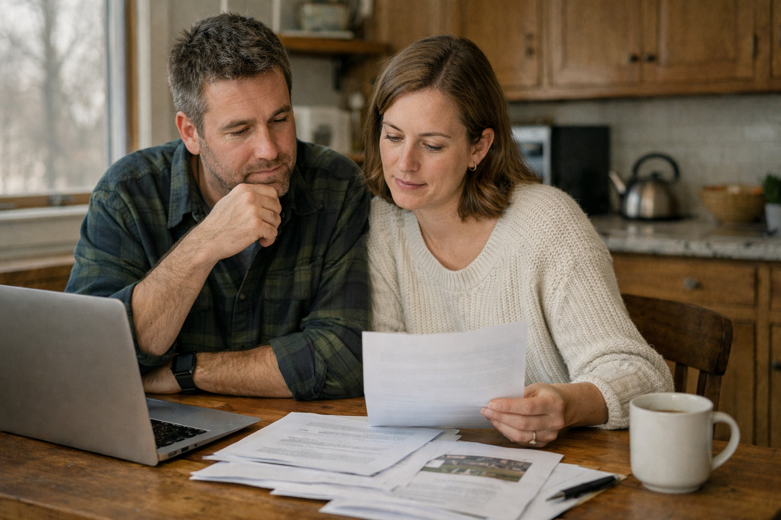 Couple reviewing real estate documents at a kitchen table, deliberate and thoughtful expression, natural light