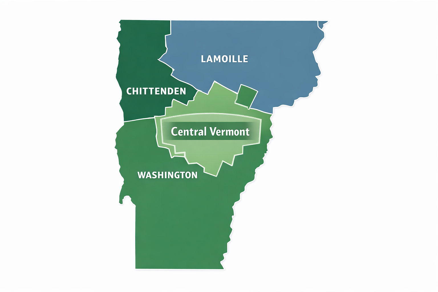 Vermont county map highlighting Washington, Lamoille, and Chittenden counties &mdash; Central Vermont real estate focus area for New England Landmark Realty