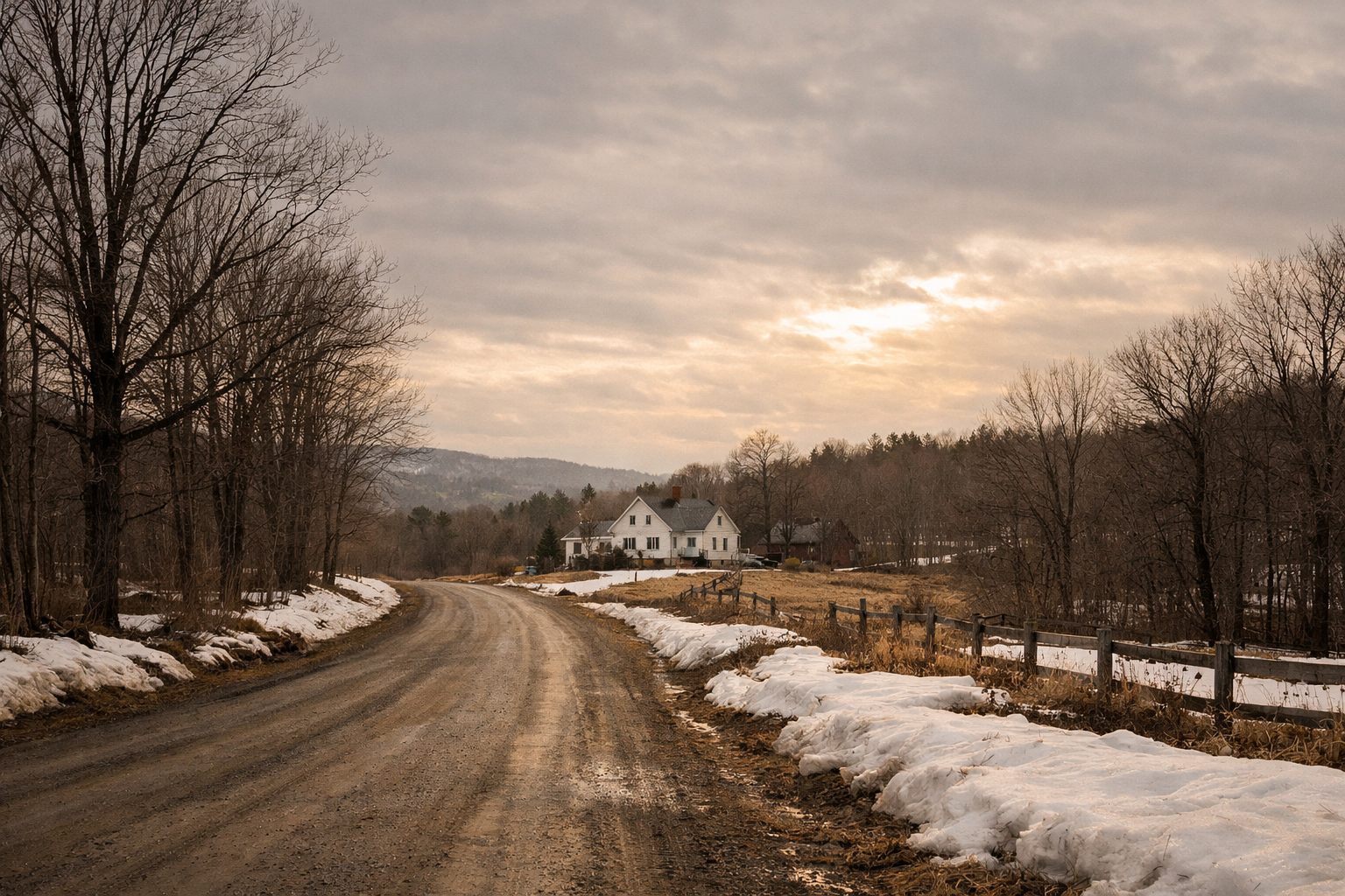 A Vermont country road in early spring &mdash; melting snow, bare maples, farmhouse in background &mdash; representing the thawing Vermont housing market of 2026