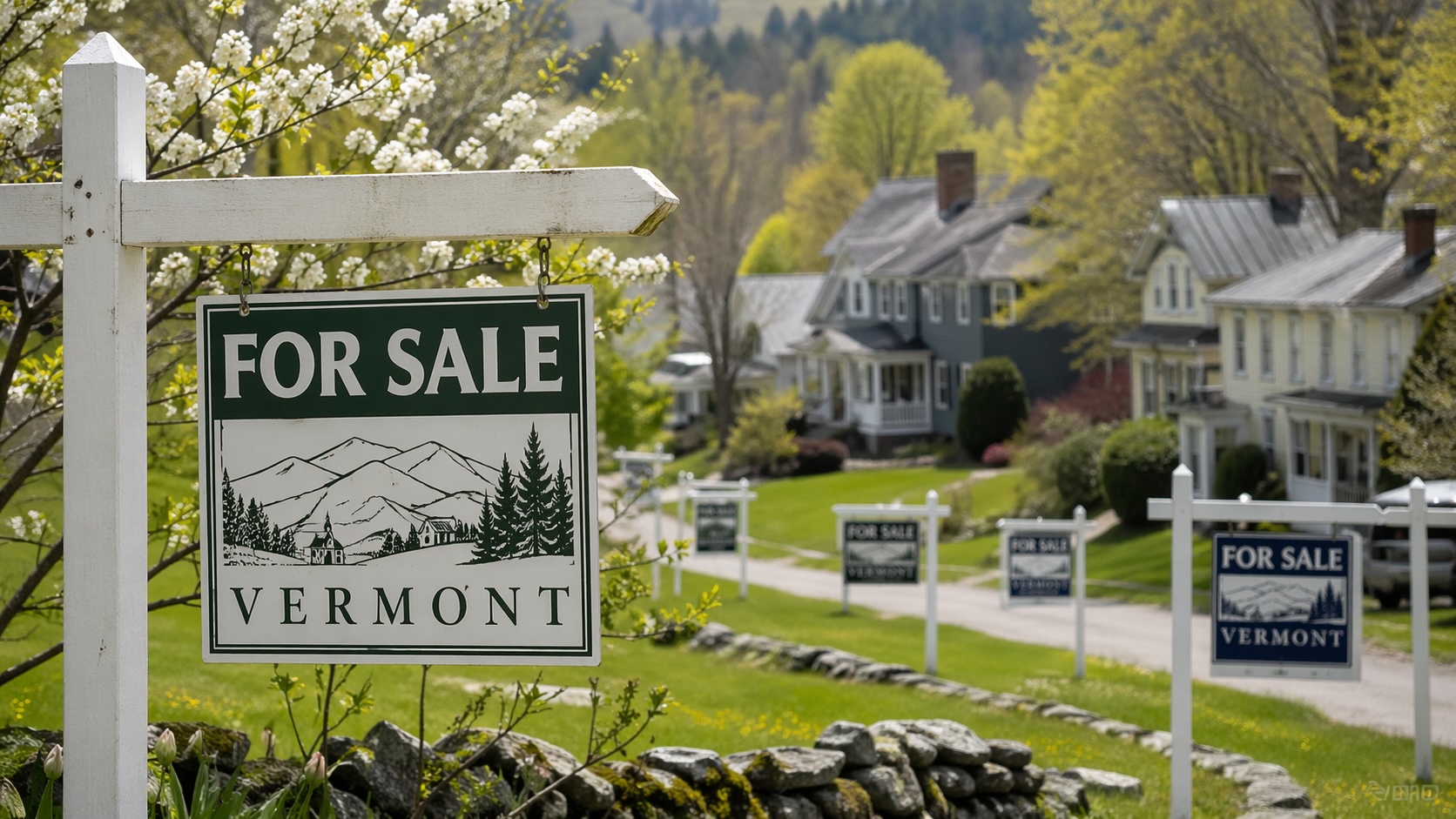 Vermont real estate for-sale sign in spring landscape with multiple homes visible in background