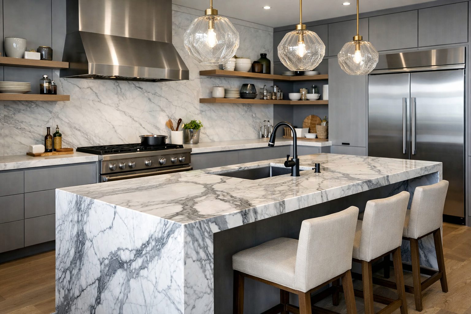 Beautiful but poorly functioning kitchen with waterfall island, decorative lighting, and weak prep space