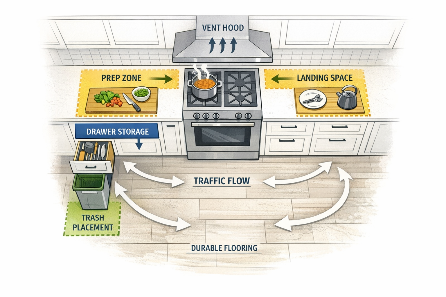 Diagram showing what buyers should check in a kitchen, including landing space, ventilation, storage, trash placement, flooring, and traffic flow