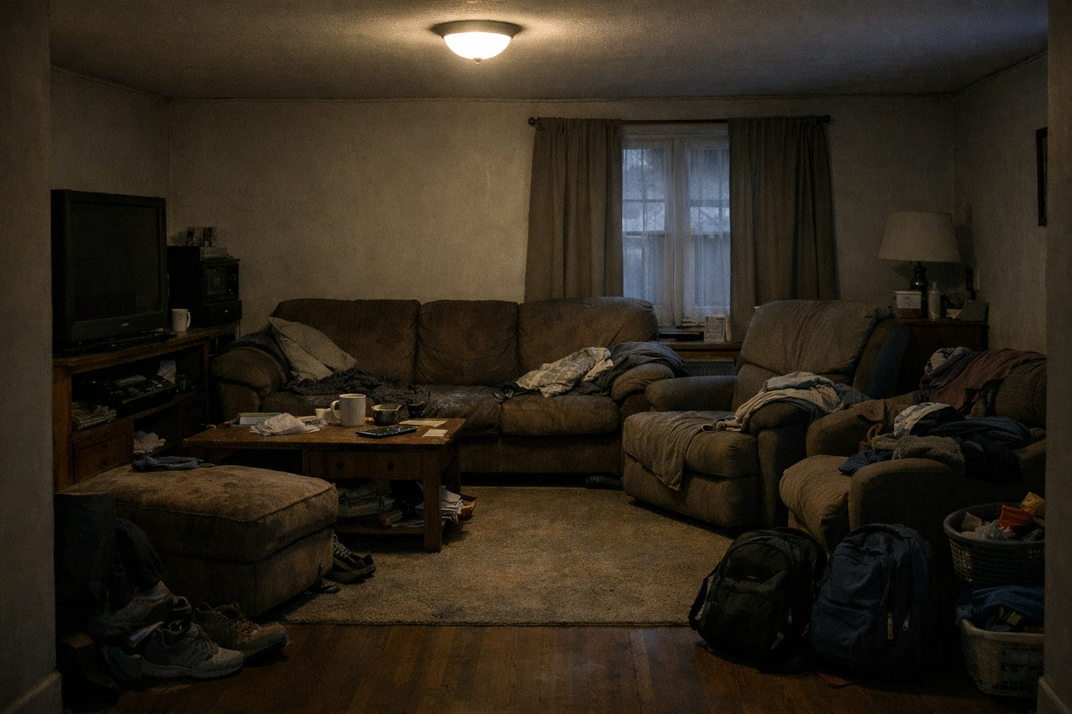 A dim, overworked family room in late winter light.