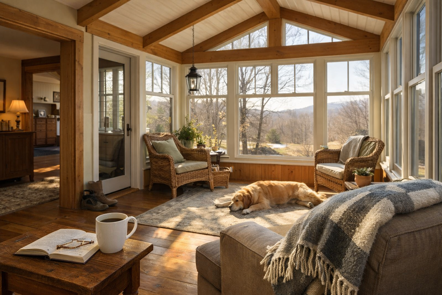 A four-season Vermont sunroom addition connected to the home with soft morning light.
