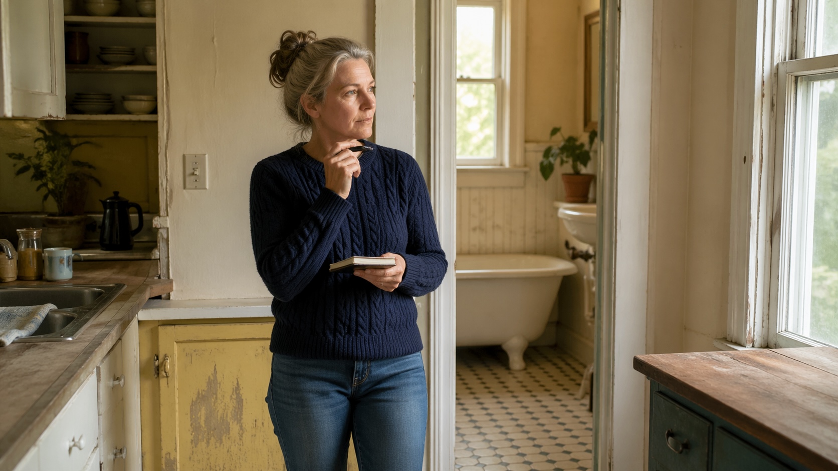 A seller standing in a kitchen with visible wear, considering repair decisions
