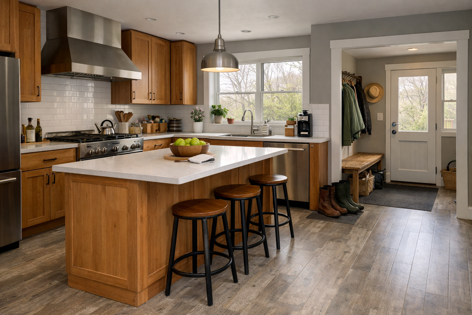 Spring Vermont kitchen during a home showing with island, vent hood, durable flooring, and side entry near a mudroom