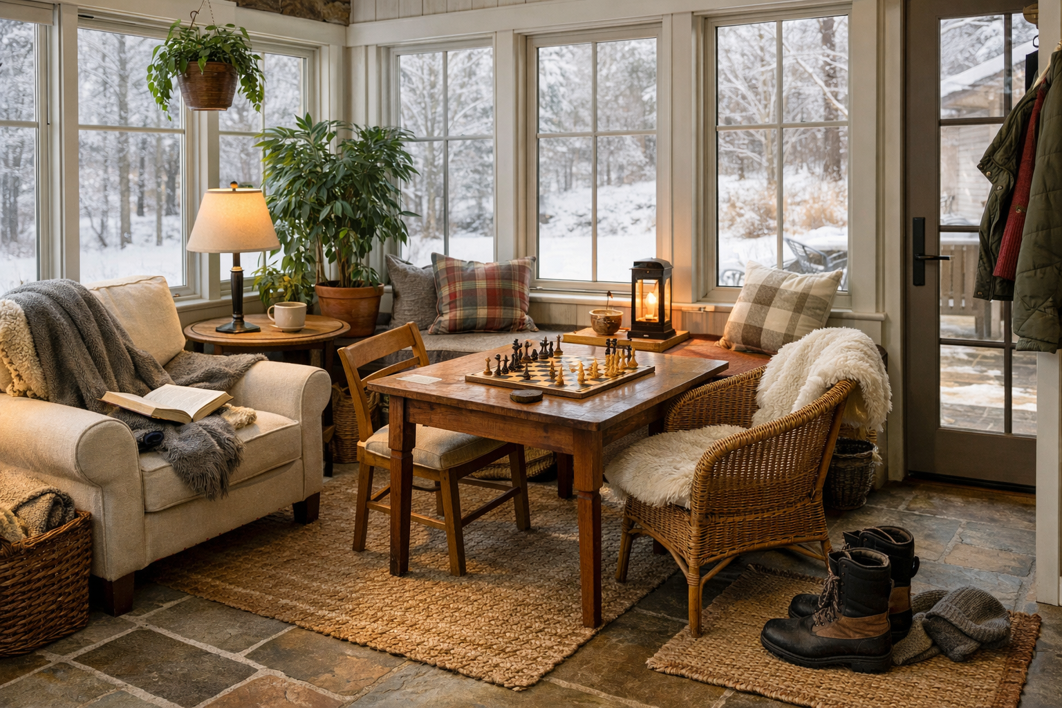 A well-designed sunroom in active use during cold weather.