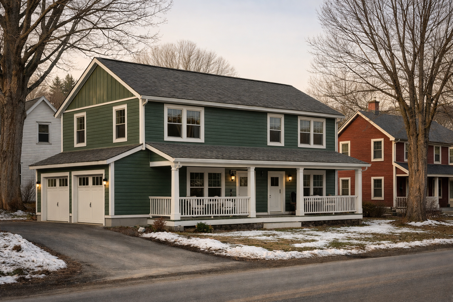 A well-proportioned duplex nestled on a Vermont village street &mdash; the kind of missing middle housing the 802 Homes catalog is designed to produce