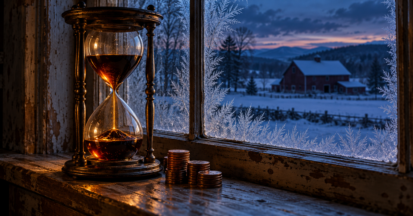 An antique hourglass of glowing amber oil beside stacked copper coins on a frosted Vermont farmhouse windowsill.