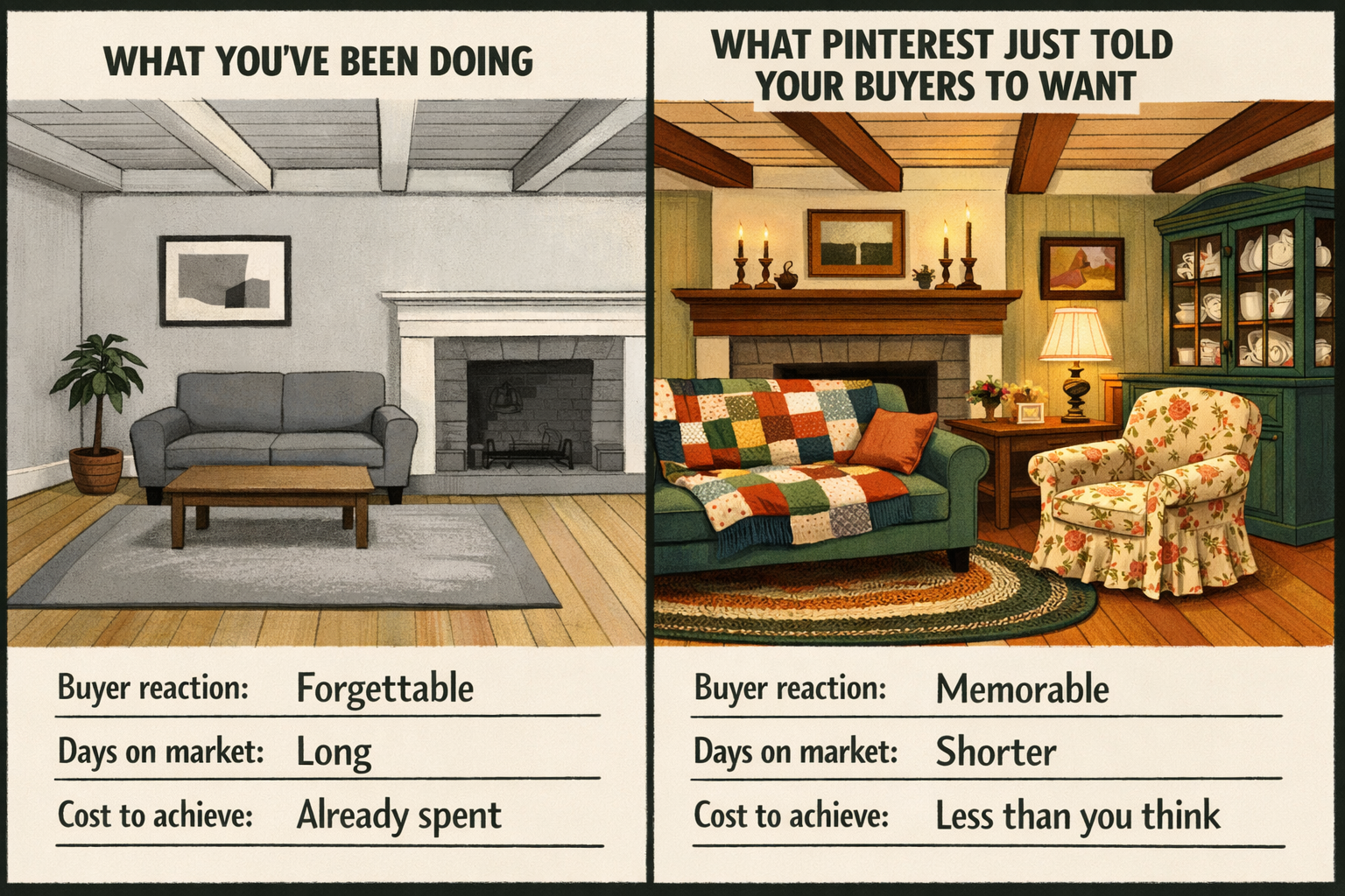 Split-panel comparison graphic: left panel shows modern minimalist Vermont staging with greige walls and grey rug; right panel shows Grandma Chic Vermont staging with warm layered textiles, quilt, candlesticks, pine floors &mdash; buyer reaction and listing performance comparison