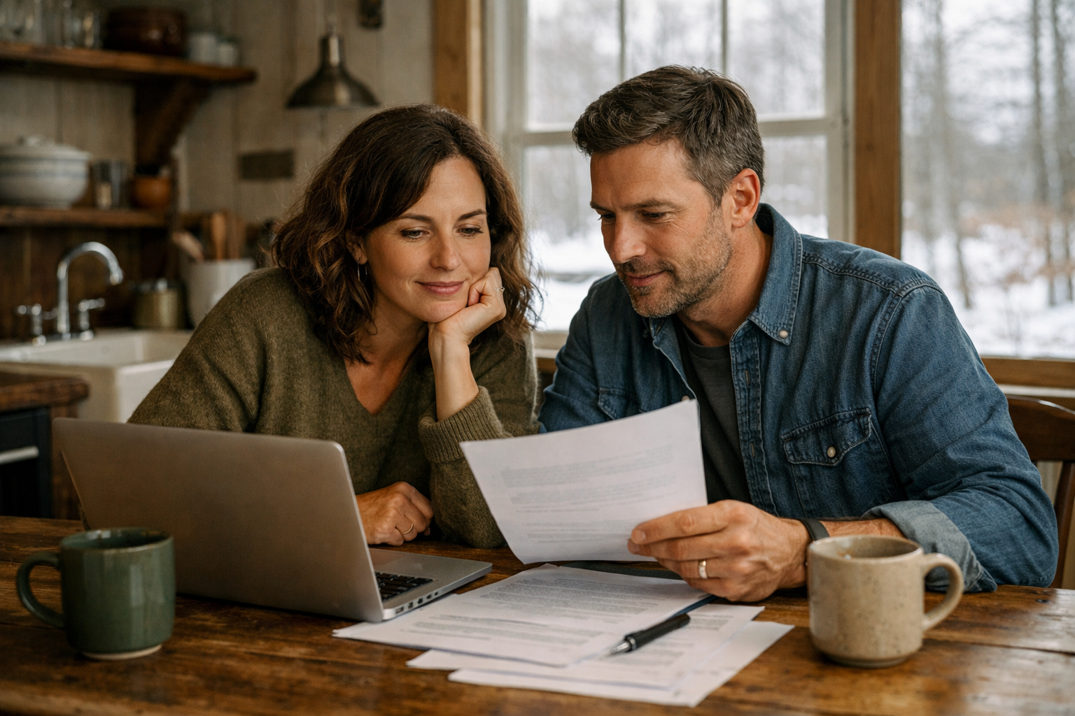 A couple reviewing mortgage documents at a Vermont farmhouse kitchen table &mdash; thoughtful deliberation in warm natural light