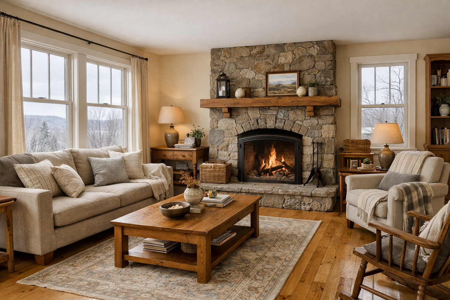 Buyer-ready Vermont living room with warm ivory walls, hardwood floors, stone fireplace, and cozy layered textiles &mdash; Kore's Design Eye, New England Landmark Realty