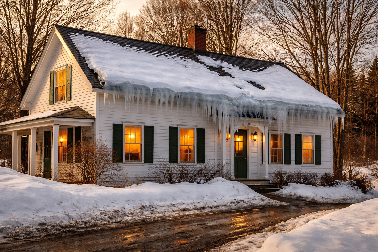 Vermont farmhouse with large ice dam along the eave edge in late winter early spring conditions