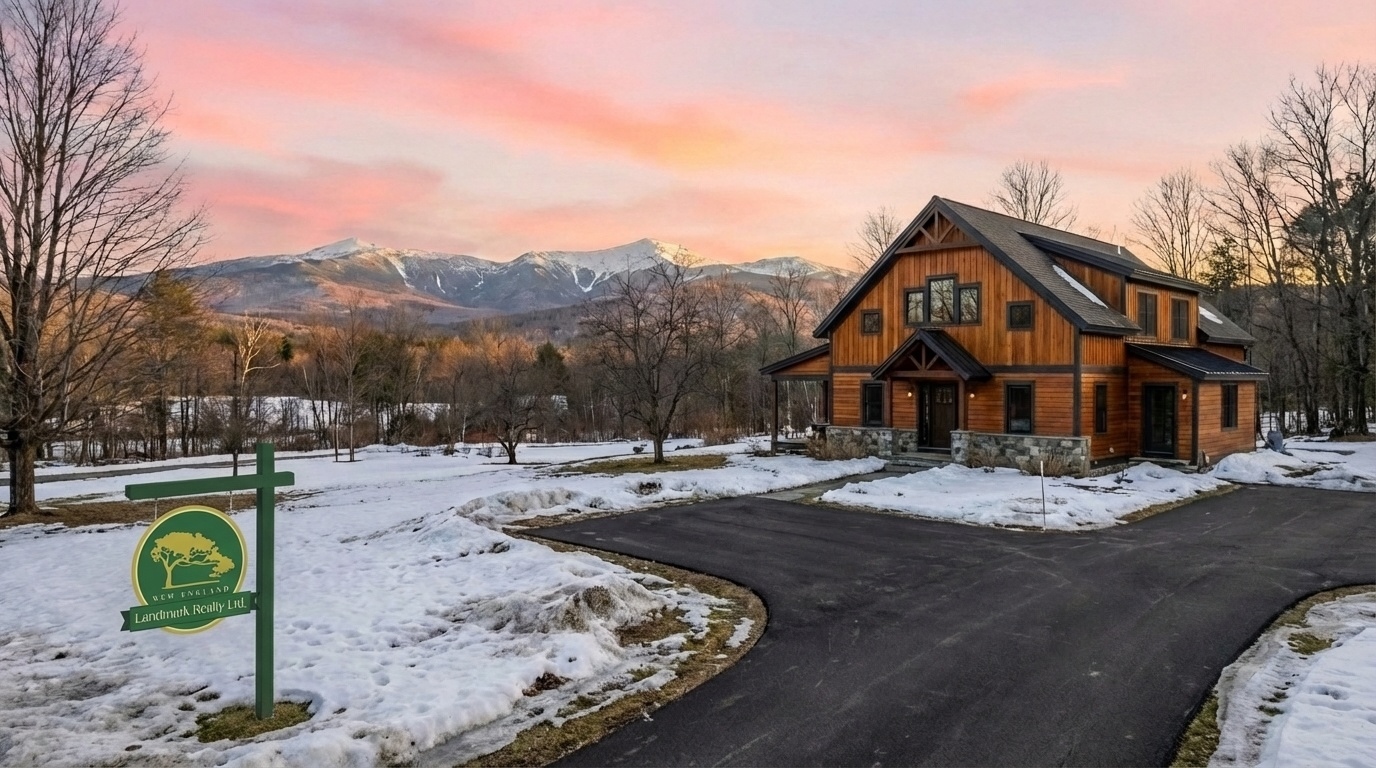 Vermont home with For Sale sign in late winter with mountains in background during golden hour