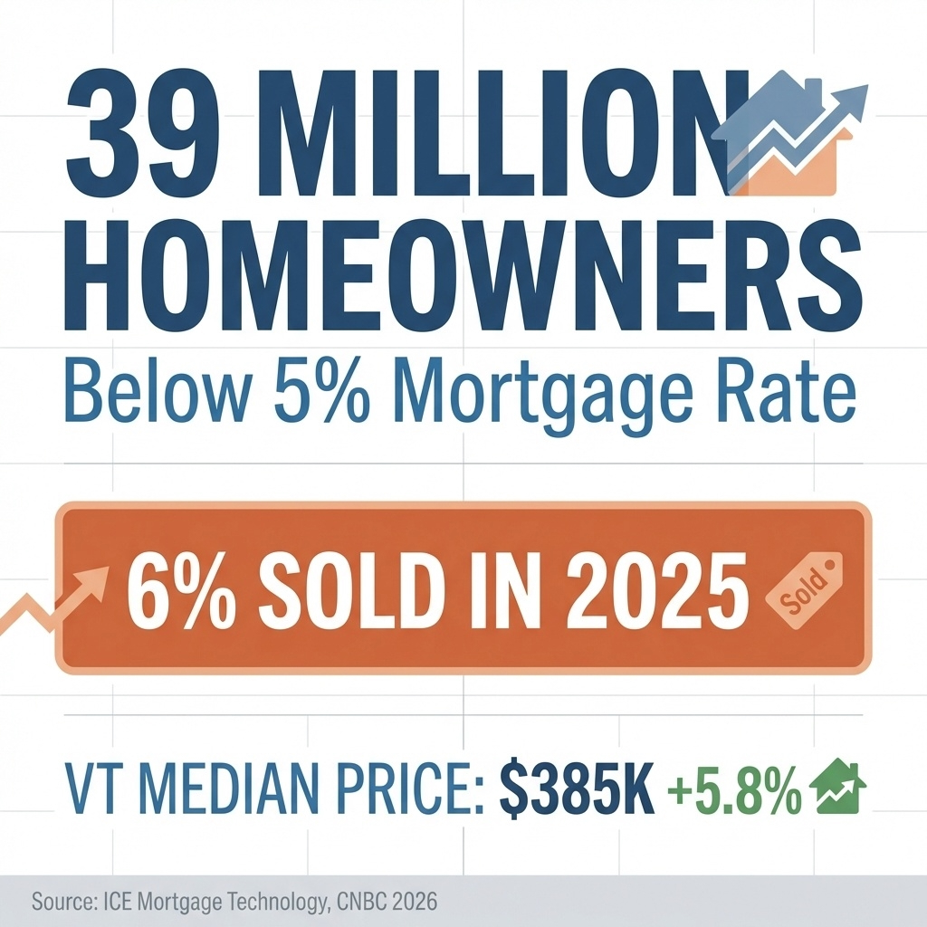 Infographic showing 39 million homeowners below 5 percent mortgage rates, only 6 percent sold in 2025, Vermont median price 385K