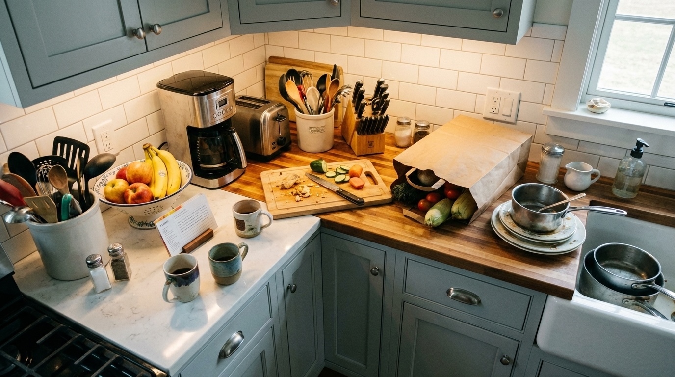 Cluttered Vermont kitchen counter with too many appliances and personal items&mdash;a staging mistake that turns buyers off