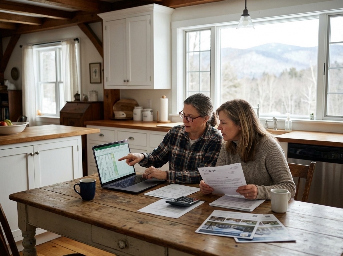 Vermont homeowner sitting at kitchen table with calculator and mortgage paperwork, contemplating selling decision
