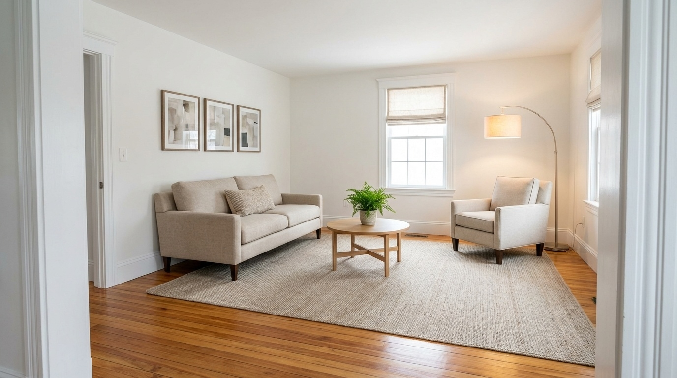 Just-right staging in a Vermont living room&mdash;minimal furniture, clear surfaces, and visible hardwood floors that help buyers imagine their own lives