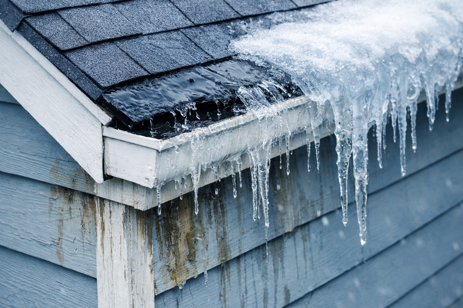 Undersized roof overhang with ice dam formation and water intrusion damage visible on siding below.