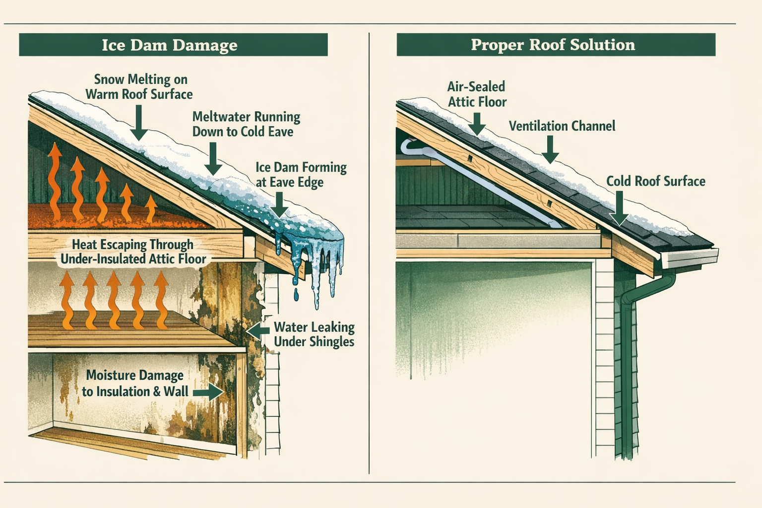 Cutaway diagram showing ice dam formation sequence on left with heat loss, snowmelt, ice dam, and water intrusion labeled, and correct insulation and ventilation solution on right